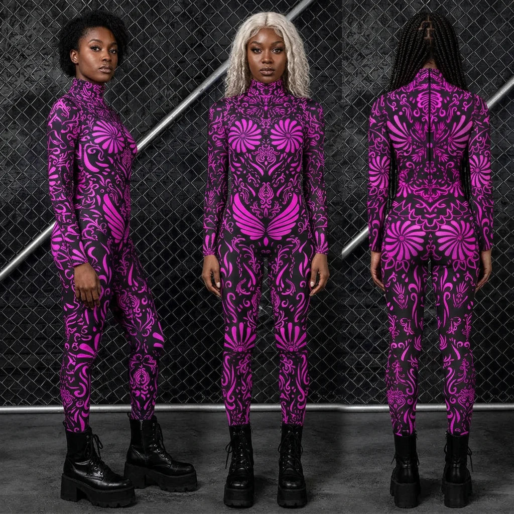 Designer Geometric Striped Print Skin Tight Long Sleeve Women's Stage Performance Jumpsuits
