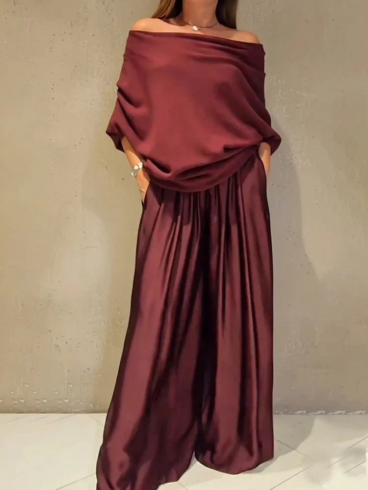 Satin Sleeveless Patchwork Long Sleeve Loose Women's Slash Neck Blouse Top + Wide Leg Pants 2-Piece Set