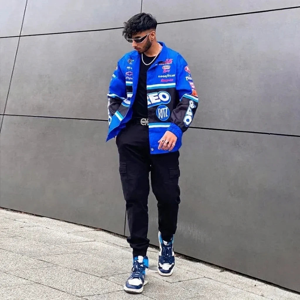 Blue Racing Patch Design Unisex Long Sleeve Motorcycle Baseball Varsity Bomber Jacket