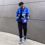 Blue Racing Patch Design Unisex Long Sleeve Motorcycle Baseball Varsity Bomber Jacket