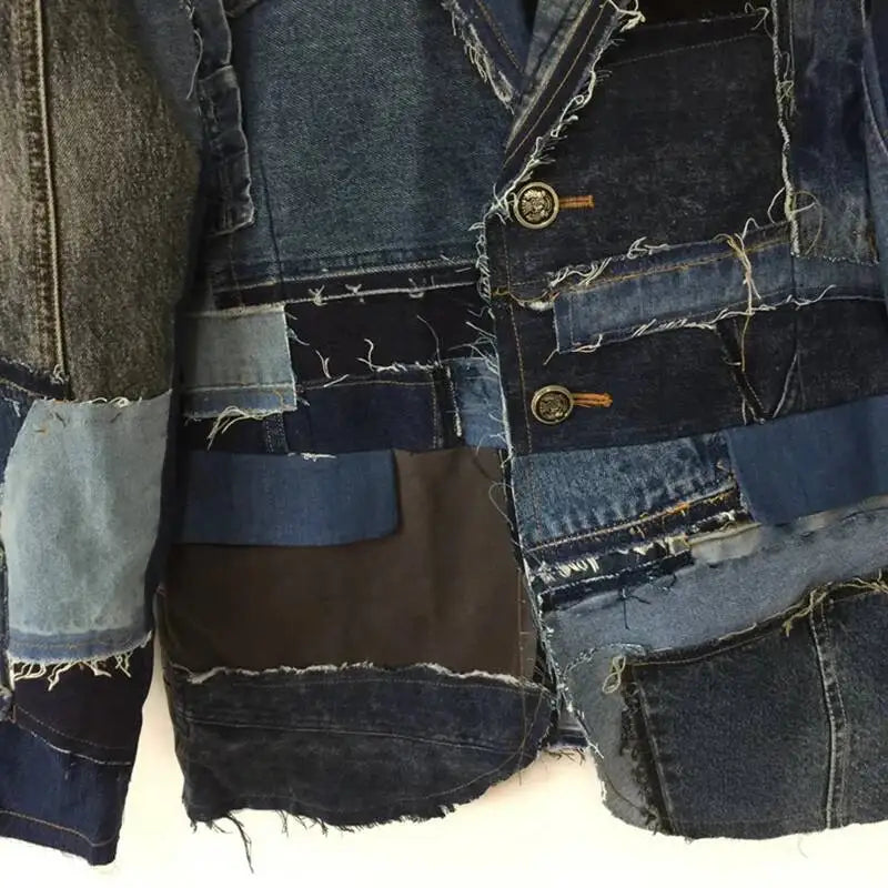 Men's Denim Colorblock Patchwork Splicing Deconstructed Heavy Industry Cowboy Jean Blazer