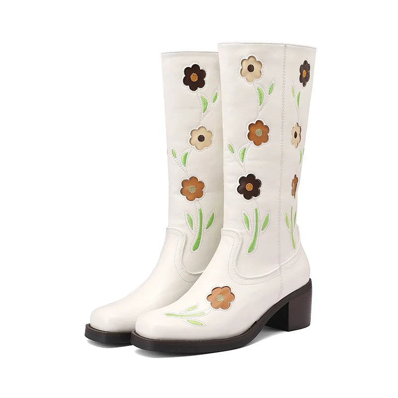 Western Flower Embroidered Women's Slip-On Rubber Midi Outsole Round Toe Boots