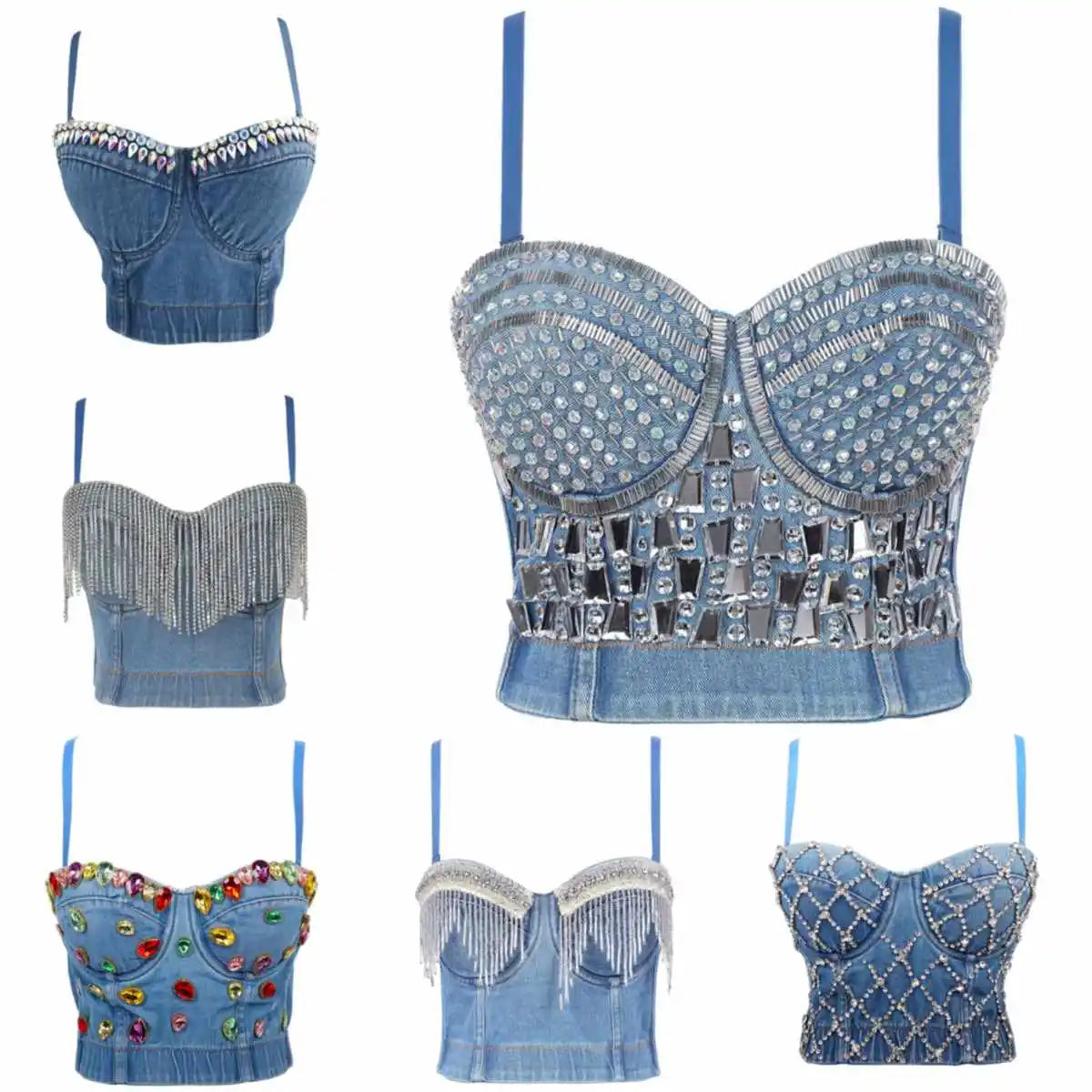 Denim Rhinestone/Diamond Tassel Fringe/Metallic Geometric/Floral Embellished Women's Hip-Hop Streetwear Bustier Corset Tops