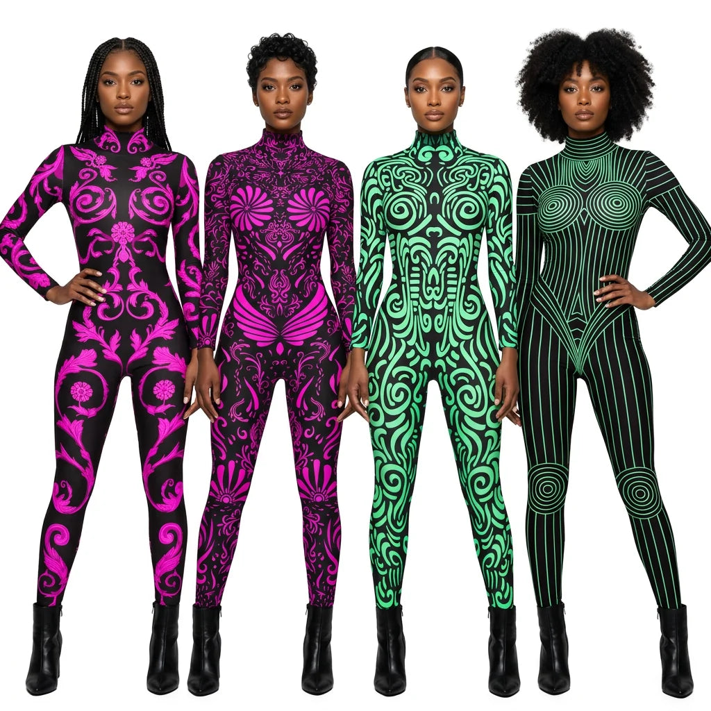 Designer Geometric Striped Print Skin Tight Long Sleeve Women's Stage Performance Jumpsuits