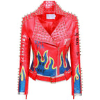 Rivet Spiked Stud Fire Flame Design Women's PU Leather Punk Biker Jacket