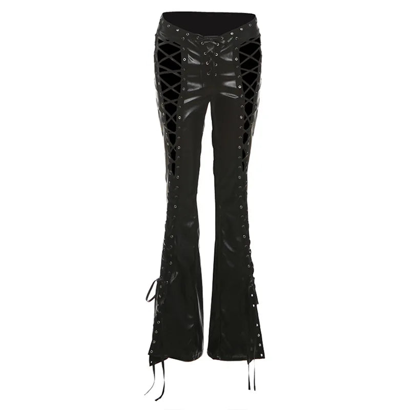 Black Punk PU Leather Hollow-Out Women's Lace-Up Low Rise Flare Pants