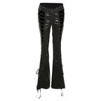 Black Punk PU Leather Hollow-Out Women's Lace-Up Low Rise Flare Pants