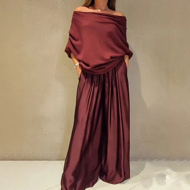 Satin Sleeveless Patchwork Long Sleeve Loose Women's Slash Neck Blouse Top + Wide Leg Pants 2-Piece Set
