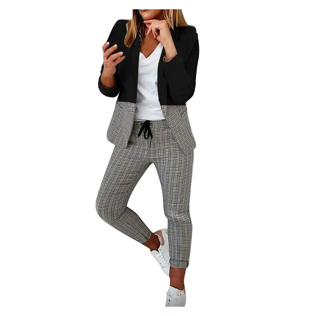 English Plaid Print Blazer Jacket +Matching Ankle Length Pants Women's Suit