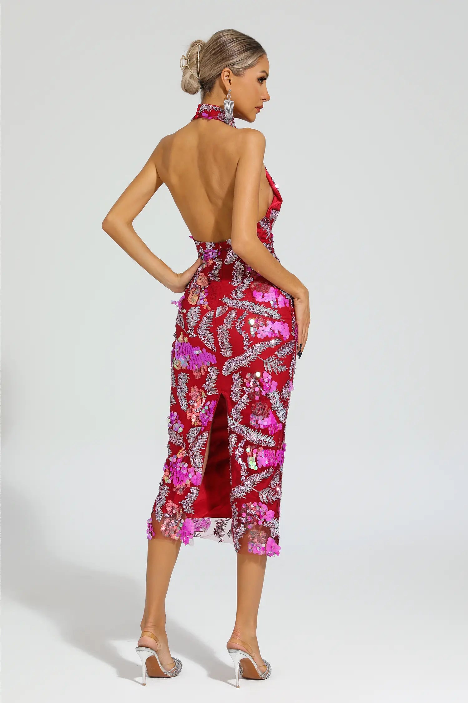Aocoa Rose Red Sequins Halter Dress