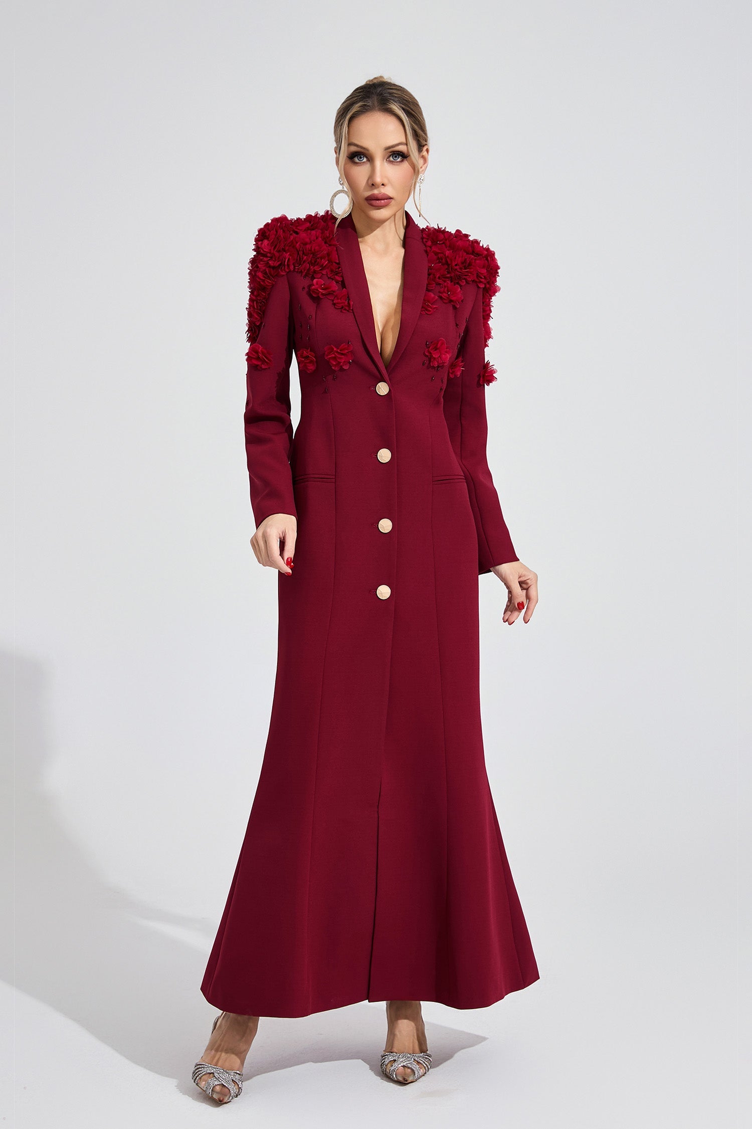 Vaeloric Wine Red Floral Maxi Dress