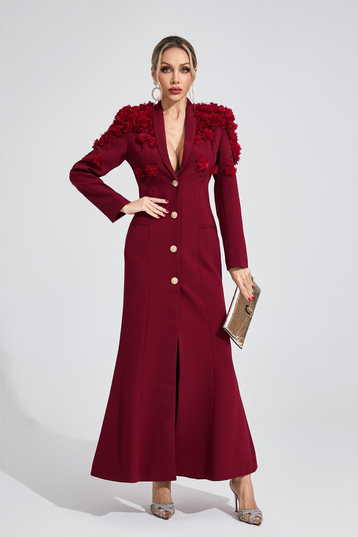 Vaeloric Wine Red Floral Maxi Dress