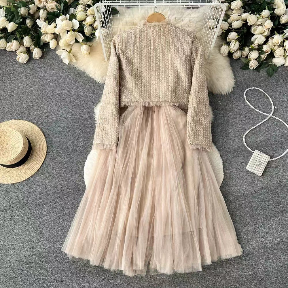 Premium Cardigan&Mesh Dress 2Pcs