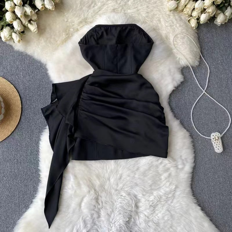 Pressed Ruffle Sheath Black Dress