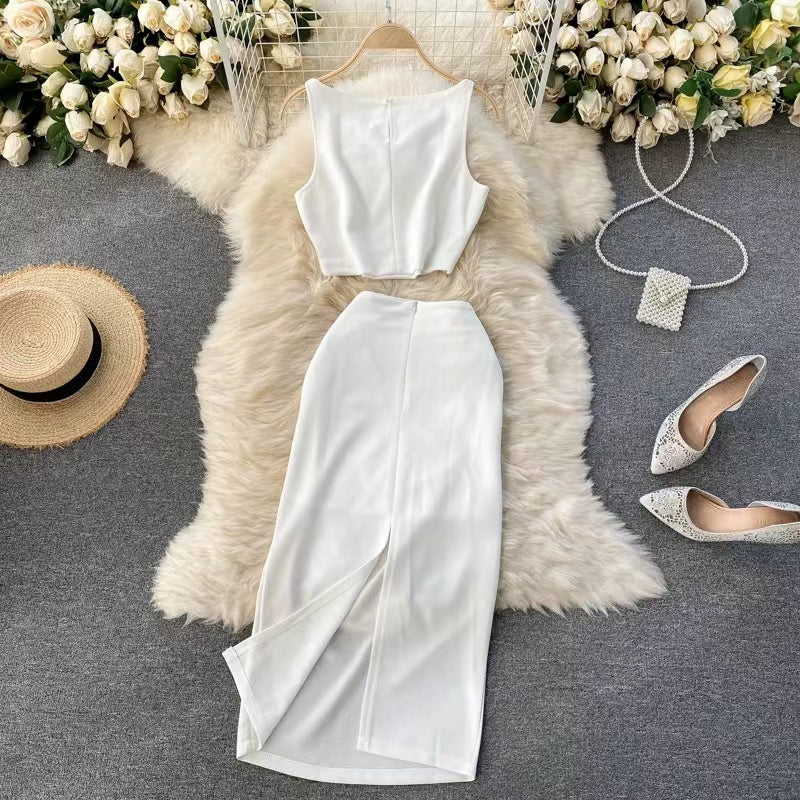 Solid Color Vest&Hip-wrapping Skirt 2Pcs