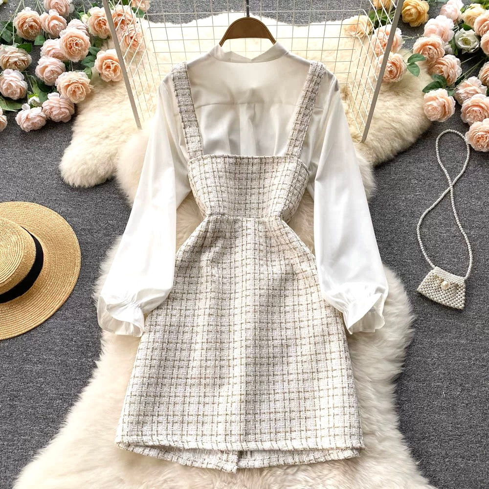 Bow-tie Tweed White Shirt&Plaid Dress