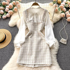 Bow-tie Tweed White Shirt&Plaid Dress