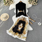 Black Sweater&Printed Pleated Skirt 2Pcs