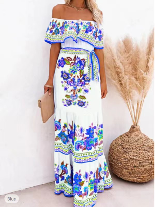 Off-shoulder Lace-up Floral Beach Dress