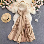 Color Blocking Square Collar Suspender Dress