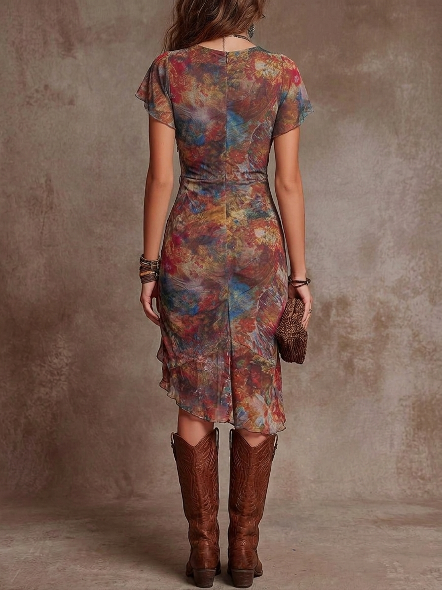 Martina - Midi pleated dress with V-neck, featuring an abstract artistic print in bohemian style