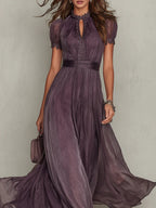 Flavia - Long Purple Dress with a Keyhole Neckline and Chiffon Lace Trim