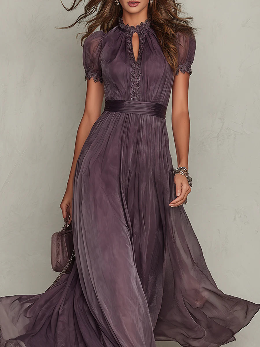 Flavia - Long Purple Dress with a Keyhole Neckline and Chiffon Lace Trim