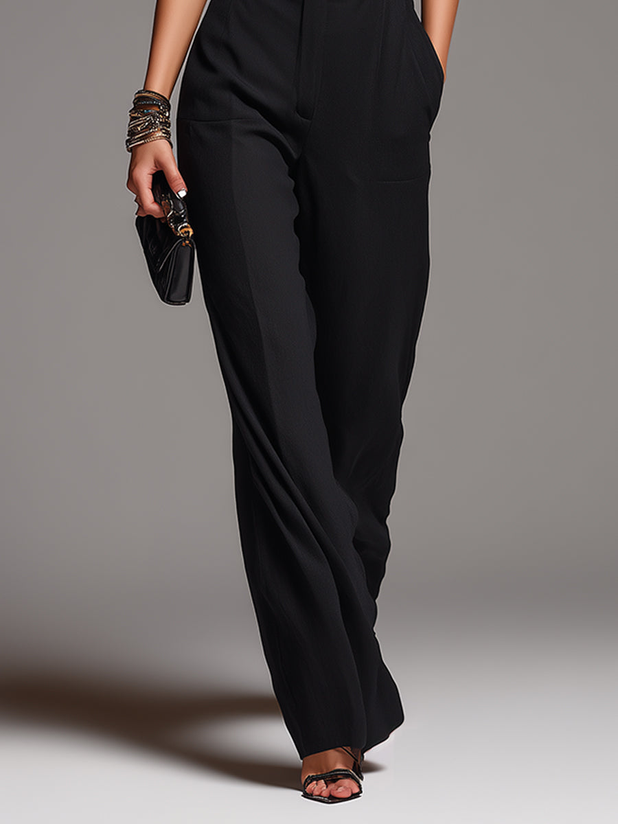 Aisha | Black Chiffon Ruffle Blouse & High-Waist Wide-Leg Pants Set
