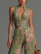 Chiffon Floral Green Jumpsuit with V-Neck, Sleeveless, with Zipper and Pleats, Wide Leg