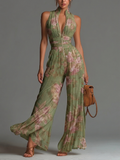 Chiffon Floral Green Jumpsuit with V-Neck, Sleeveless, with Zipper and Pleats, Wide Leg