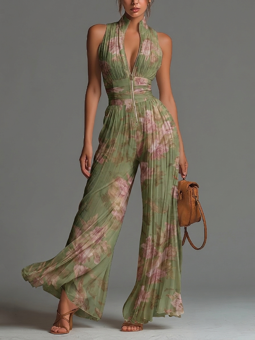 Chiffon Floral Green Jumpsuit with V-Neck, Sleeveless, with Zipper and Pleats, Wide Leg
