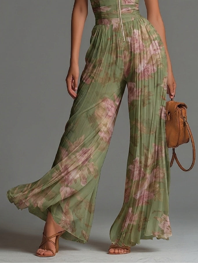 Chiffon Floral Green Jumpsuit with V-Neck, Sleeveless, with Zipper and Pleats, Wide Leg
