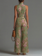Chiffon Floral Green Jumpsuit with V-Neck, Sleeveless, with Zipper and Pleats, Wide Leg