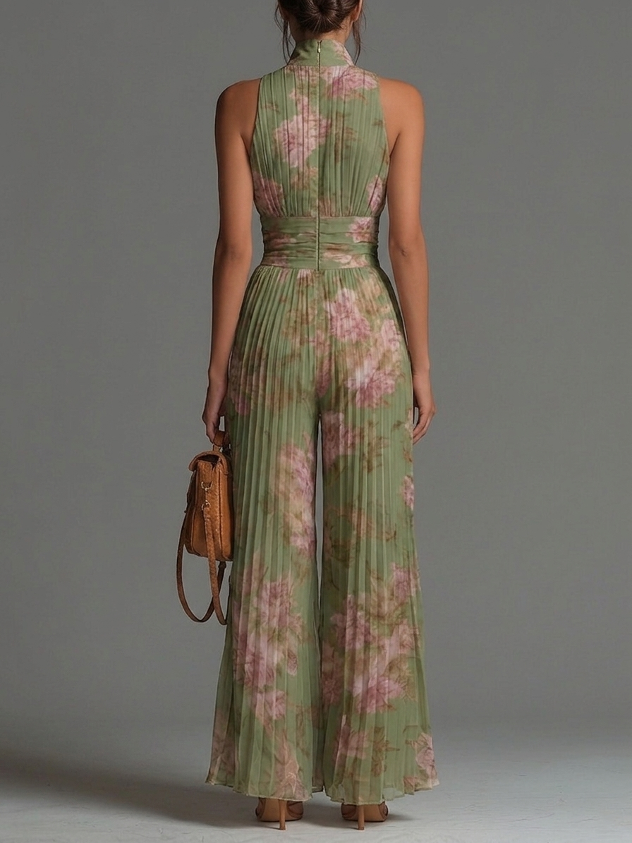 Chiffon Floral Green Jumpsuit with V-Neck, Sleeveless, with Zipper and Pleats, Wide Leg