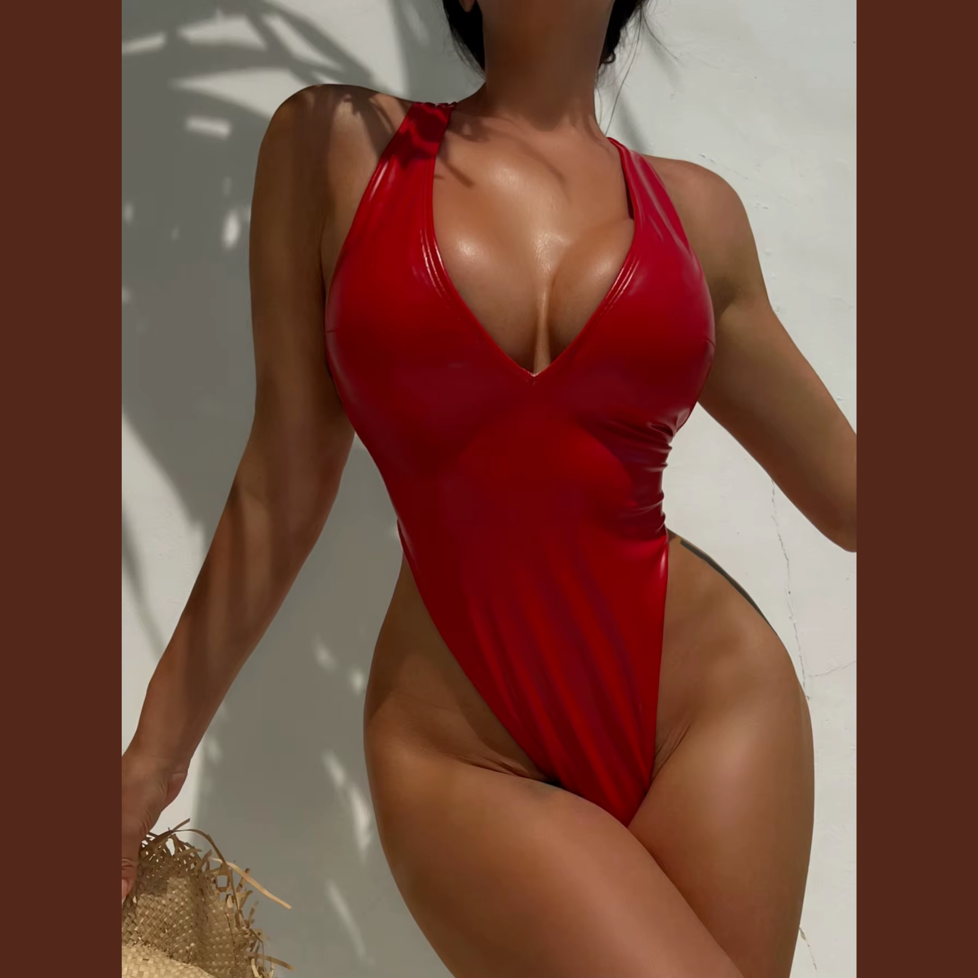 Yori - Red One Piece Faux Leather Swimsuit