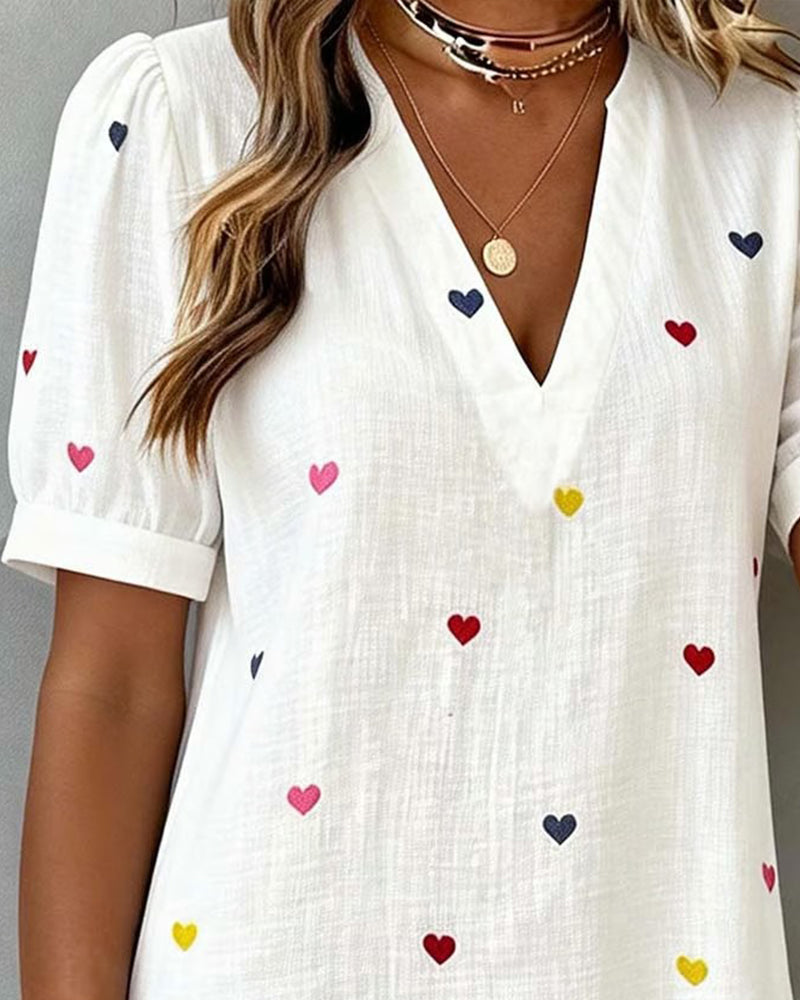 Colorful Heart Print Dress with V-Neck