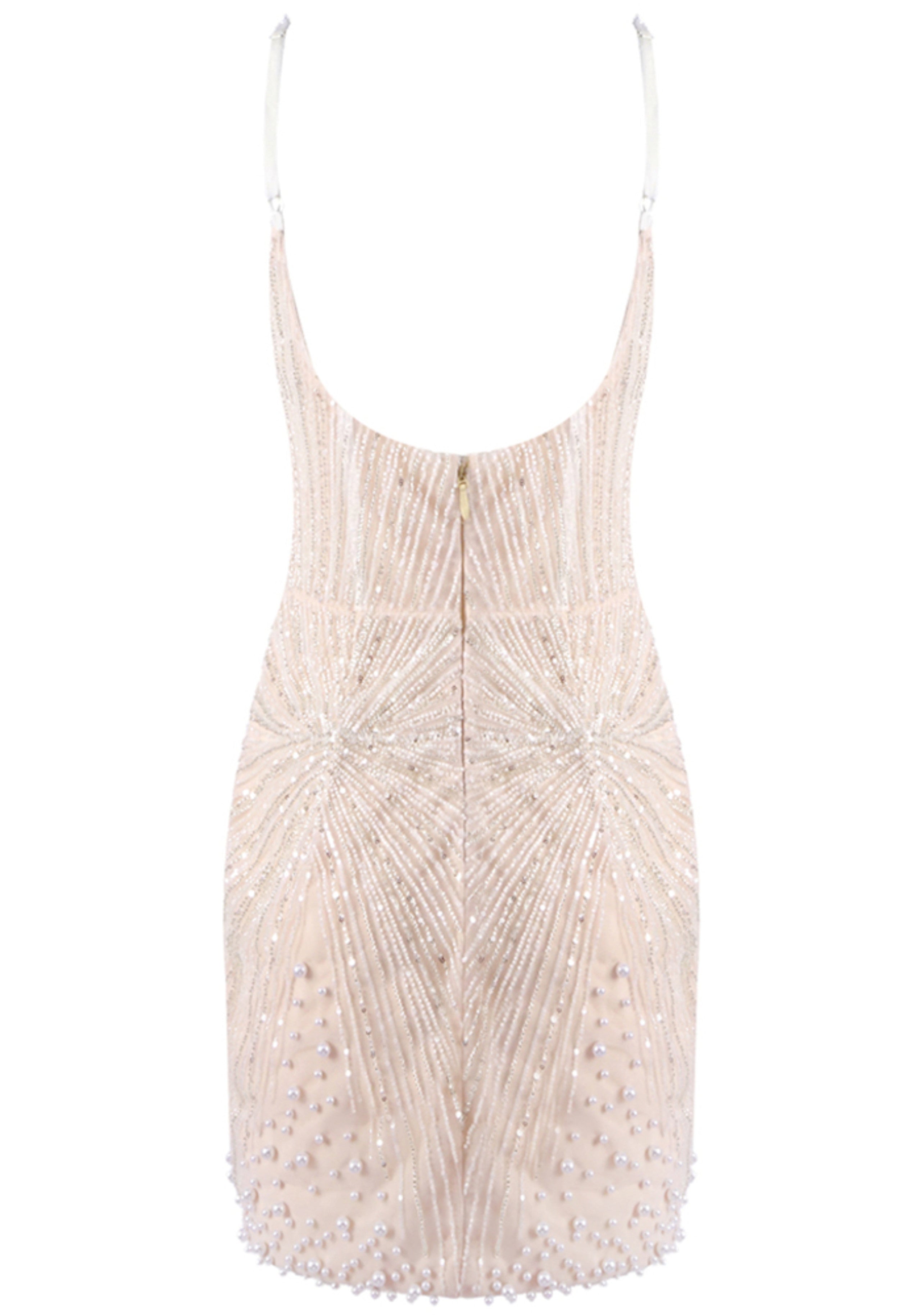 Jyrion Pearl Embellished Mini Dress Nude