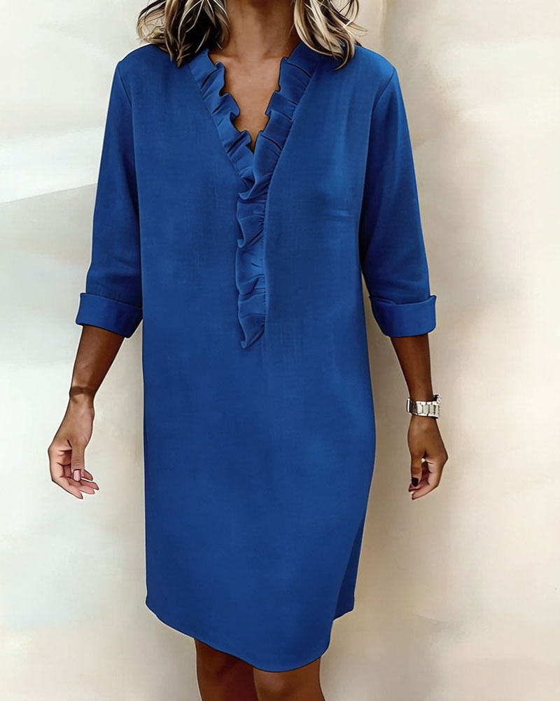 Ruffled V-Neck Solid Dress