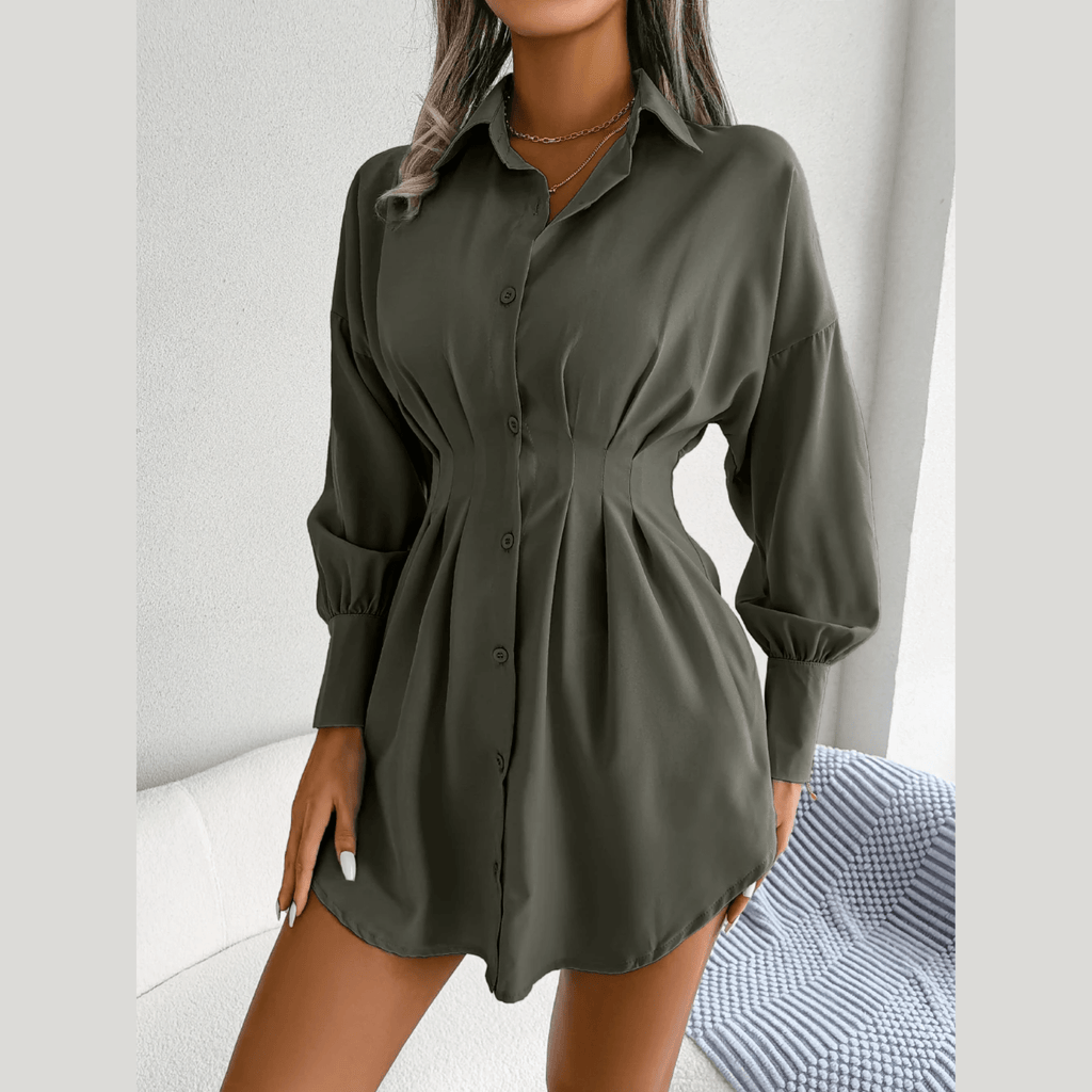 Adalee - Green Asymmetric Button-Up Shirt Dress