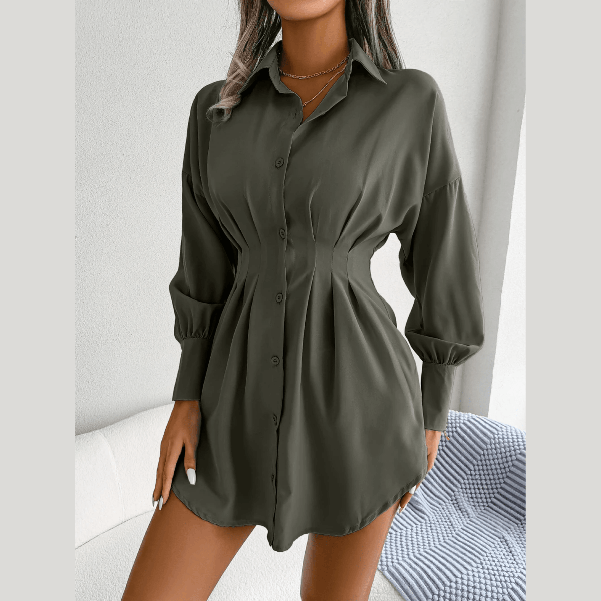 Adalee - Green Asymmetric Button-Up Shirt Dress