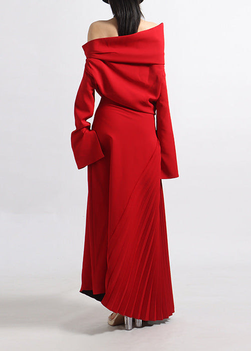 Zephyrine Red Pleated Maxi Dress with High Slit