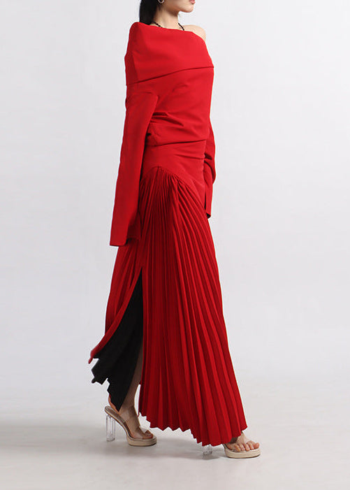 Zephyrine Red Pleated Maxi Dress with High Slit