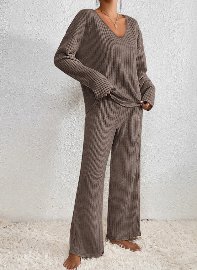 Camila | Ribbed V-Neck Top & Wide-Leg Pant Set