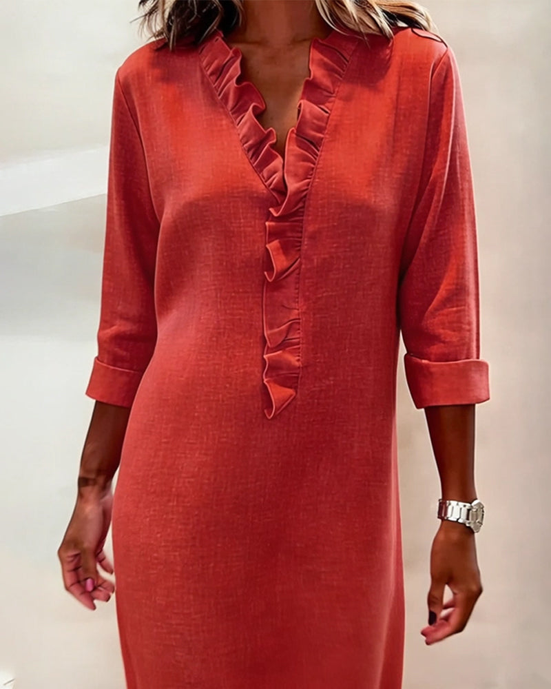 Ruffled V-Neck Solid Dress