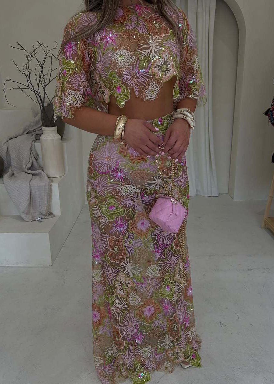 Cylora Floral Embroidered Skirt Set