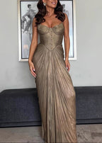 Katherine Gold Glossy Pleated Corset Maxi Dress