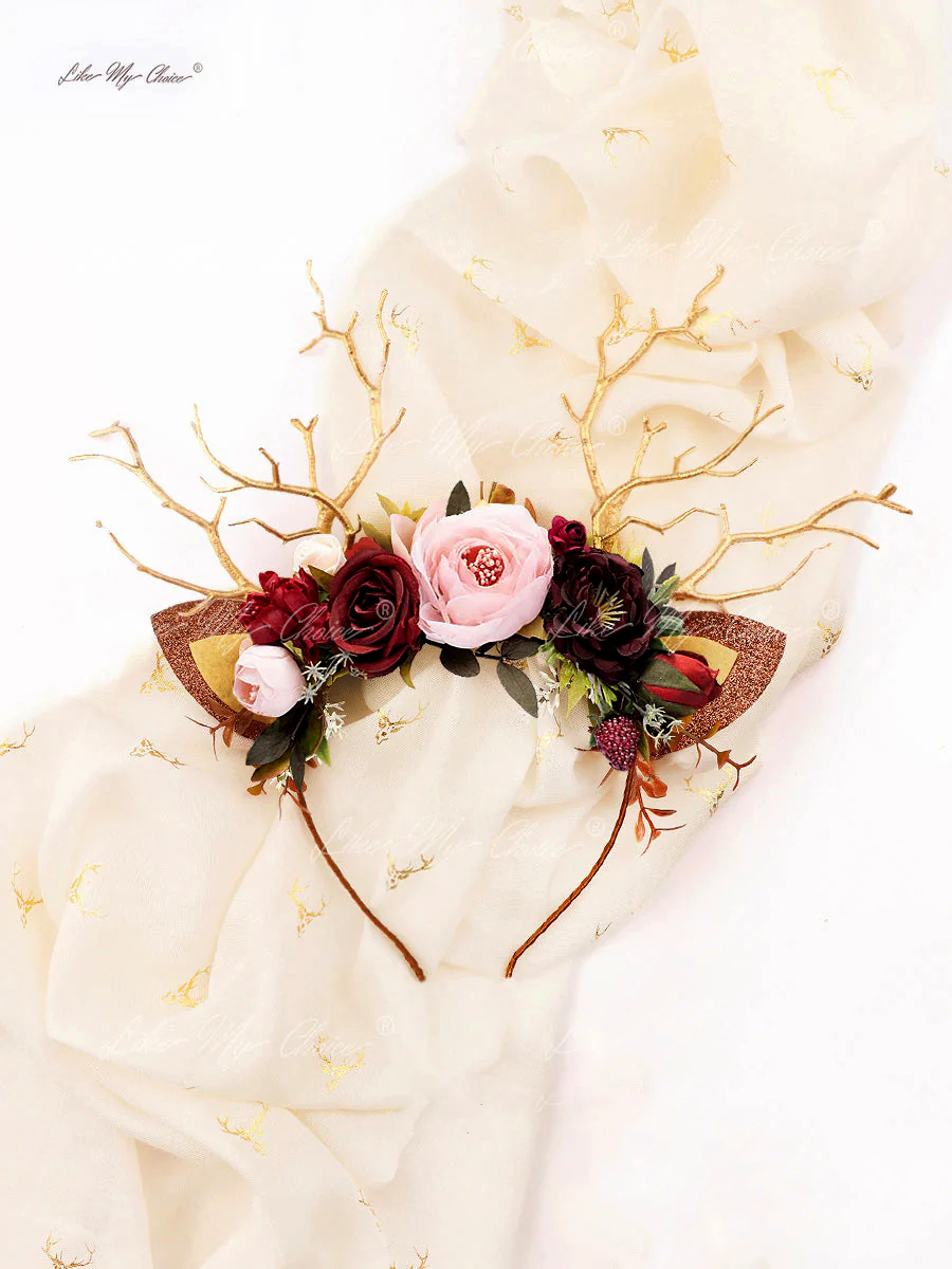 Burgundy Flower Christmas Reindeer Headband | HeyKat®