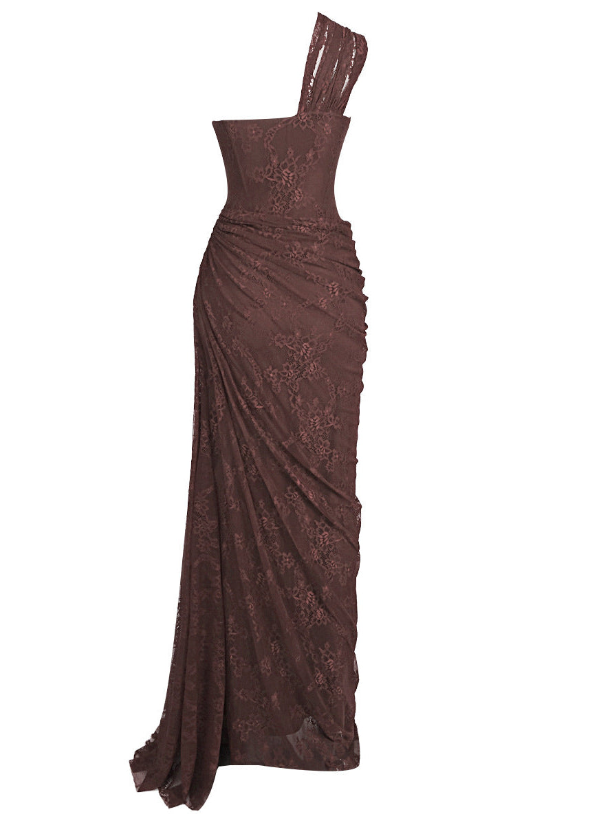 Minya One Shoulder Draped Lace Maxi Dress In Brown