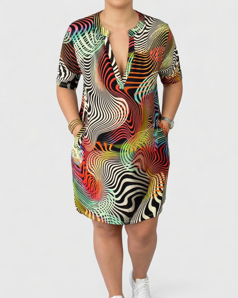 Aaliyah | V-Neck Half-Sleeve Mini Dress, Psychedelic Print