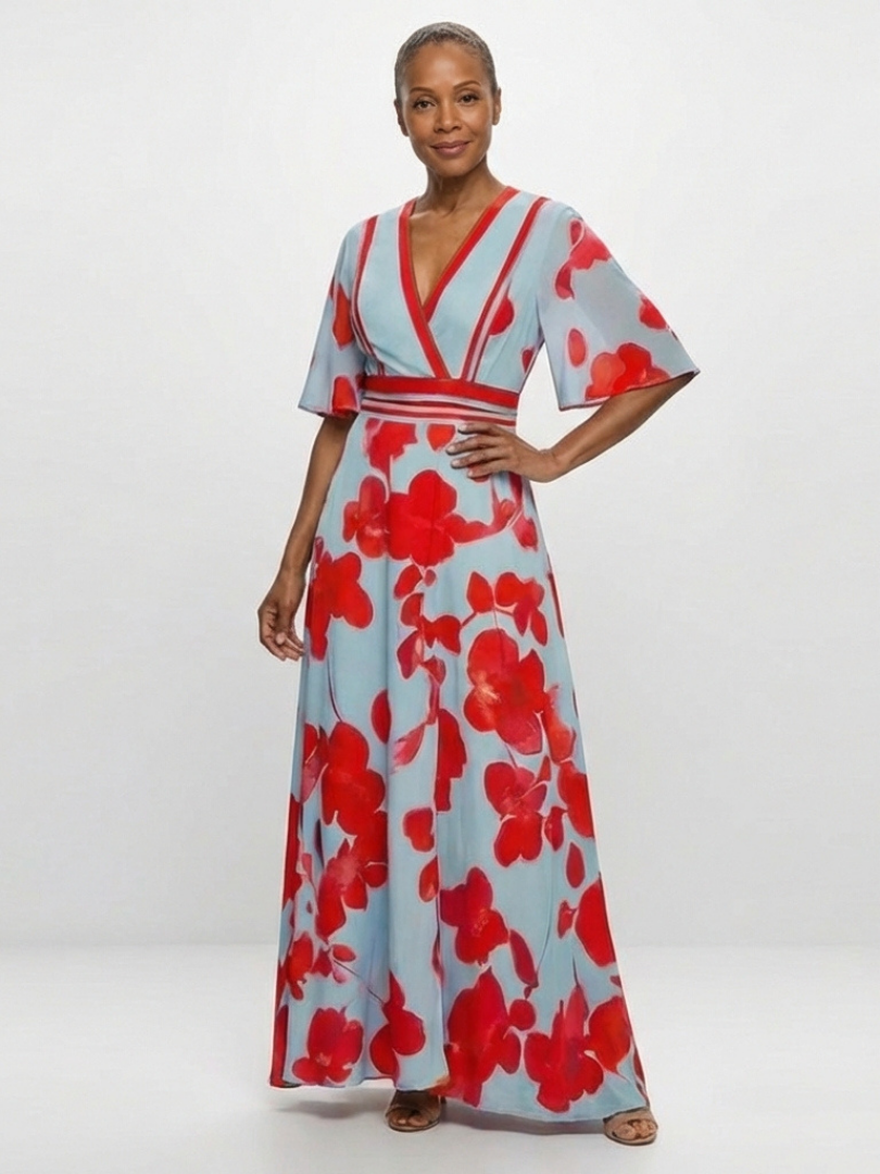 V-Neck Short-Sleeve Floral Maxi Dress